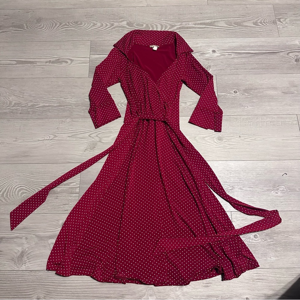 Women's Burgundy Polka Dot Wrap Dress - Long Sleeve